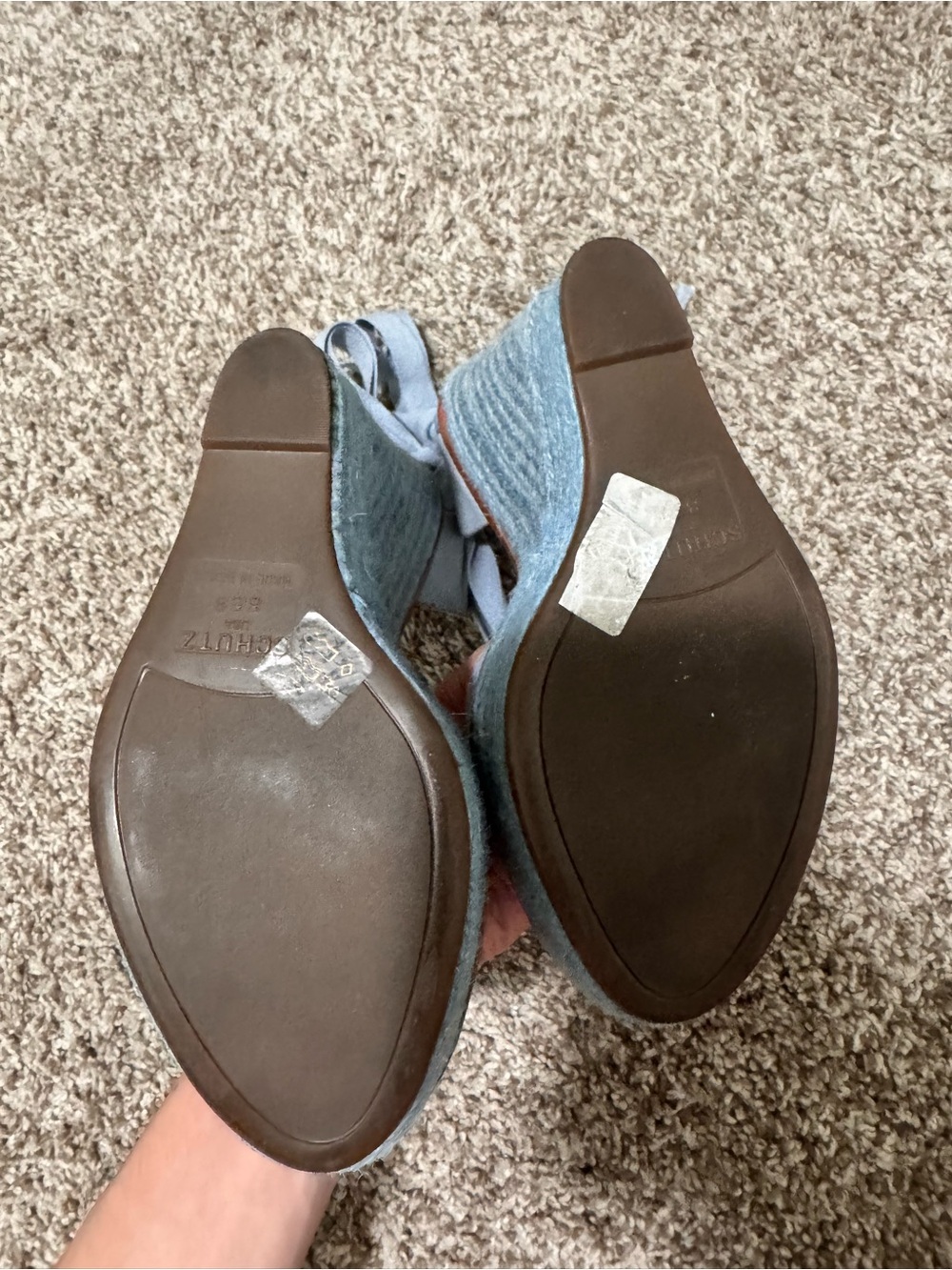 SCHUTZ Light Blue Denim Peep-Toe Wedge Sandals with Ankle Wraps - Picture 10 of 11